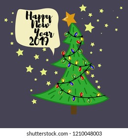 Vector ilustation of christmas tree on dark blue background with yellow stars. Happy new year 2019. Postcard idea.