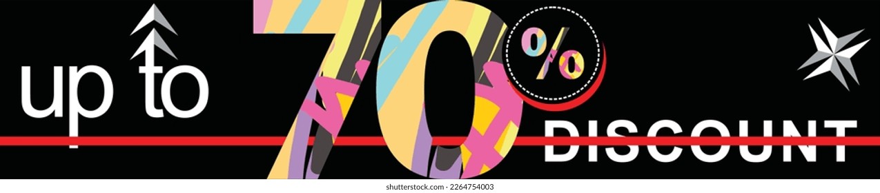 Ilustración vectorial hasta un 70% de descuento con decoración de fuentes abstrak colorido en fondo negro 