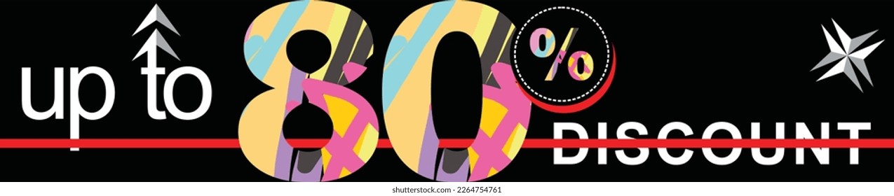 Ilustración vectorial hasta un 80% de descuento con decoración de Font Abjad colorida en fondo negro 