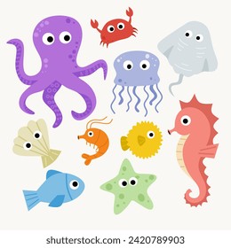 Vector ilustration of animal sea.Set with hand drawn sea life elements. Vector doodle cartoon set of marine life objects for your design