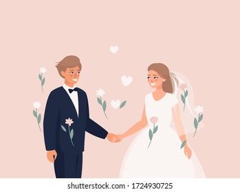 Vector ilustration of blonde bride and groom hold each other's hands