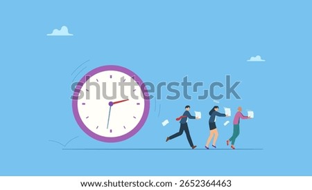 Vector ilustration of business people running away from rolling huge clock. Symbolizes run out of time, work deadline, time countdown or time management.
