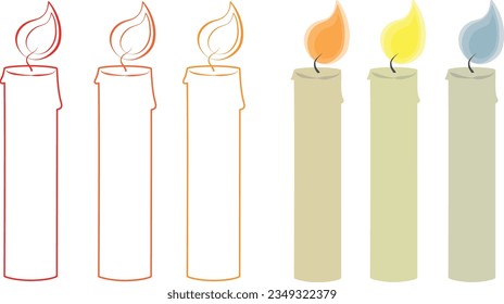 Vector ilustration of a candle in different designs: a contour candle in red, orange, yellow colors; a painted candle in warm, cold light and with a blue flame