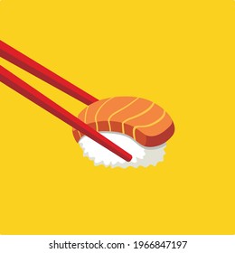 vector ilustration Chopsticks holding sushi roll. Wooden chopsticks and sushi roll on yellow background.