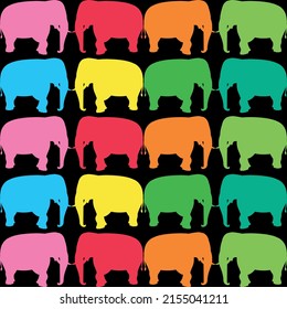 vector ilustration of colorful elephats pattern on black