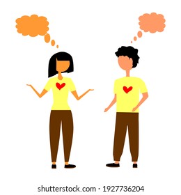 Vector ilustration of couple lovers who are talking. Thinking people (or couple) character. People with hand on chin thinking about question, pensive expression. 