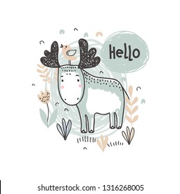 Vector ilustration of cute hand drawn moose in the forest and text hello for cards, textile, paper, invitations, baby shower, preschool and children room decoration