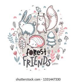 Vector ilustration of cute hand drawn animals with flowers. plants, mushrooms and text forest friends for cards, textile, paper, invitations, baby shower, preschool and children room decoration