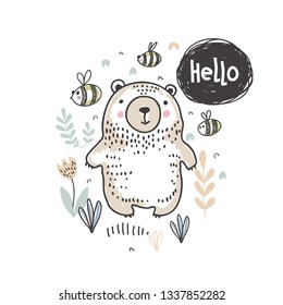 Ilustración vectorial del oso dibujado a mano en el bosque y adiós de texto para tarjetas, textiles, papel, invitaciones, ducha de bebé, preescolar y decoración de habitación para niños