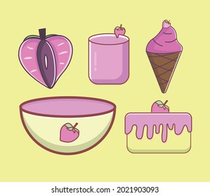 Vector ilustration doodle strawberry food set pink for food and drink promotion 