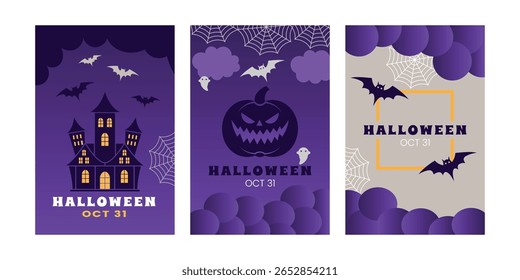 Ilustração vetorial de pôsteres da festa de Halloween com nuvens noturnas e abóboras e casa caçada
