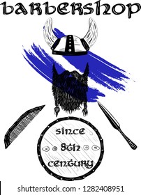 Vector ilustration. Hand drawn. Viking with blue war paint and beard, helmet, shaving kit, buckler with text. Great for posters, ad, billboard, print, flayers, Jorvik viking festival.