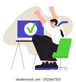 Vector ilustration of happy male worker or businessman completed task and triumphing with raised hands on his workplace. Successful well done work. Completed task concept for ui or web design.