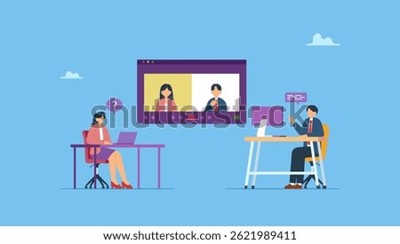 Vector ilustration of HR interview new employee. Employment interview, business Job Interview concept. A young woman interviewer asking questions and a man potensial employee answers them online.