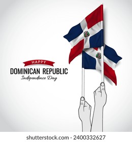 Ilustración vectorial del Día de la Independencia en República Dominicana. Manos con banderas.
