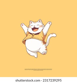 Vector Ilustration Jumping Cute White Fat Cat