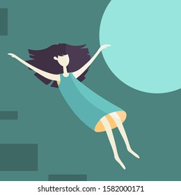 Vector ilustration with jumping girl. Flying girl. Flat style.