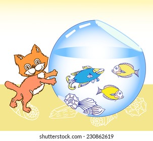 Vector ilustration  with Kitten and Aquarium
