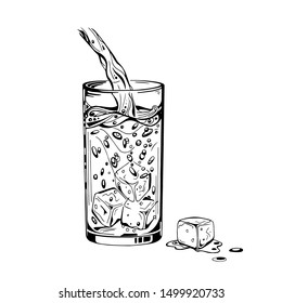 Vector ilustration as liquid is poured into the container. A transparent glass with clean water and ice cubes on the bottom. Cocktail. Cold drink with ice. Summer drink. The sketch is drawn manually.