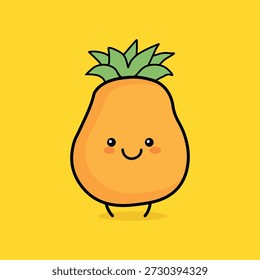 Vector ilustración personaje de mango con cara sonriente y hojas verdes,
Sobre fondo amarillo, ideal para los diseños de los niños.