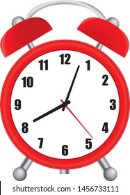 Vector ilustration of one red alarm clock with two bells over white background, low angle front view