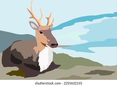 Vector ilustration of a reindeer sitting on the ground surrounded by a winter view