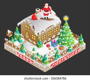 Vector ilustration of Santa Claus standing on the roof.of decorated house on Christmas Eve shown in isometric view.