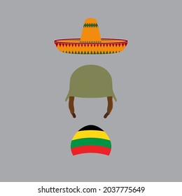 Vector ilustration set of hats and army helmet. Mexican hat, reggae hat and army helmet isolated on gray background.