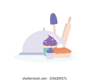 Vector ilustration of sweet bakery collection. Multicolored cupcake and pie, sweet bakery product. Rolling pin and shovel.