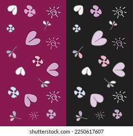 ilustración vectorial color completo valentino sobre fondo negro y púrpura: valentina, icono del amor, icono del corazón, icono de la mariposa, hoja, hermosa y elegante