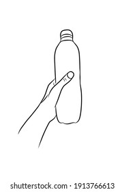 Vector Ilustration Of Woman's Hand Holds A Mineral Water Bottle. Line Art Black And White.