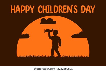 VECTOR ILUUSTRATION OF WORLD OR UNIVERSAL CHILDREN'S DAY ON NOVEMBER 20. A BOY PLAYING WITH A TOY PLANE IN DUSK TIME WITH SILHOUETTE STYLE