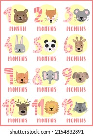 Vector image of 12 months for a baby girl with animals. A collection of children's stickers with numbers and bear, fox, mouse, rabbit, panda, giraffe, cat, elephant, dog, deer, lion, raccoon.