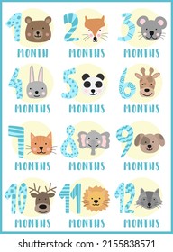 Vector image of 12 months for a baby girl with animals. A collection of children's stickers with numbers and bear, fox, mouse, rabbit, panda, giraffe, cat, elephant, dog, deer, lion, raccoon.