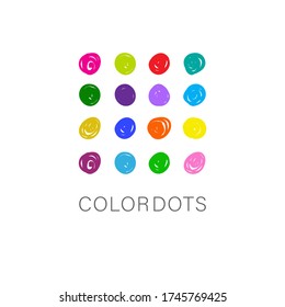 Vector image of 16 colorful circles, dots drawn by hand with a brush or pencil, arranged in four lines and four rows. Abstract logo for business, art, science, technology, marketing, advertising.