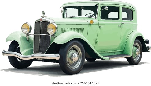 Vector image of a 1920s classic car in light green on a white background.