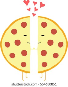 Vector image of 2 halves of pizza in love with each other on white background. 