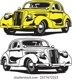 VECTOR IMAGE OF 2 LUXURY CARS IN YELLOW AND BLACK AND WHITE