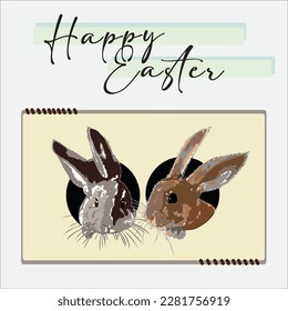 
A vector image of 2 rabbit with one is looking at the other and wording Happy Easter above.  
Suitable design for creative arts, template, poster, postcard, card wishes etc.