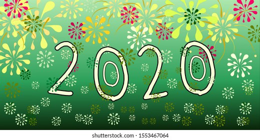 Vector image 2020, on a green background and colorful fireworks, beautiful