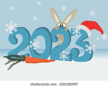 Imagen vectorial de 2023 con un lindo conejito y copos de nieve
