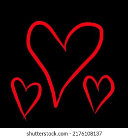 vector image of 3 red line love shapes on black background