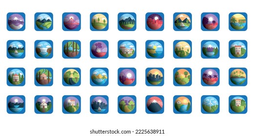 imagen vectorial de 36 iconos de paisaje sobre fondo blanco