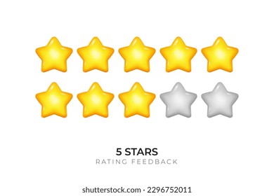 A vector image of a 3D five yellow star rating system, white background and a minimal design. It can be used for customer feedback, product evaluation, website rating, positive feedback