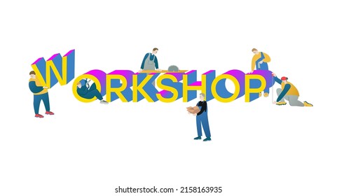 Imagen vectorial, taller de inscripciones en 3d y trabajadores que trabajan alrededor