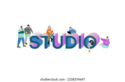 Vector image, 3d text studio, surrounded by inspired people working