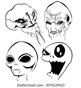 vector image of 4 alien heads with different races.