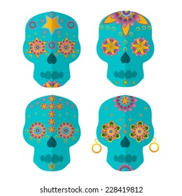 Vector image of 4  skulls with floral ornament