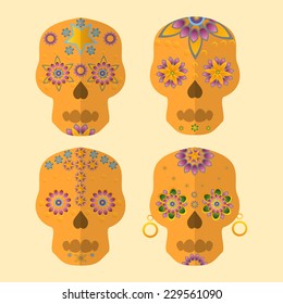 Vector image of 4  skulls with floral ornament
