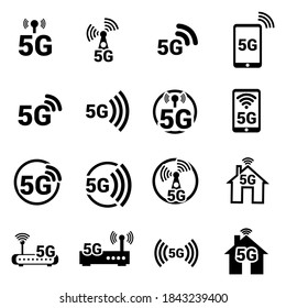 Vektorbild. Symbol für 5G-WLAN-Technik. Schwarzes Farbbild.